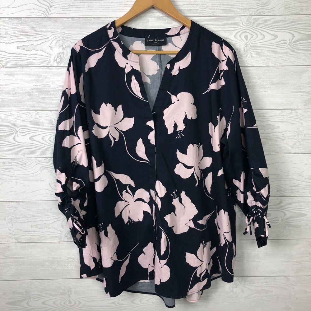 Lane Bryant Women's 18/20 Floral Print V Neck Tunic Tie Sleeves Blue Pink Shirt